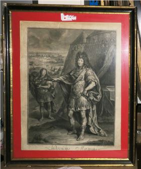 A framed black-and-white print depicting a regal figure in armor standing beside a smaller child, set against a dramatic landscape.