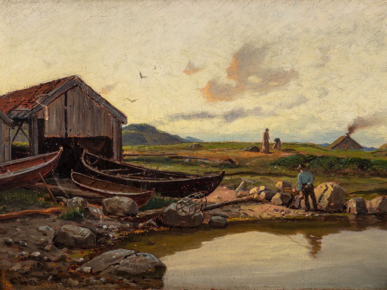 Naust med båter by Carl Wilhelm Barth, 1884