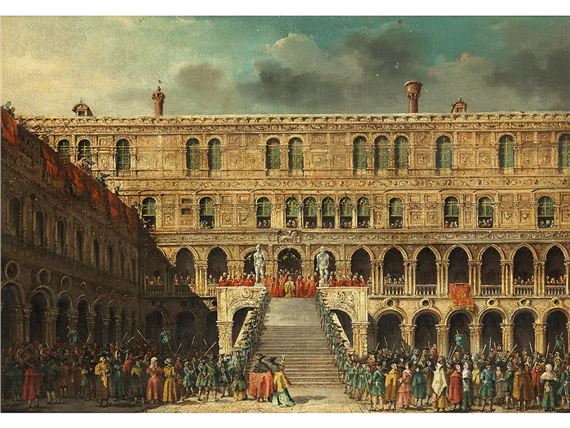 VEDUTE DER SCALINATA DEI GIGANTI IM PALAZZO DUCALE IN VENEDIG MIT DER KRÖNUNG EINES DOGEN by Francesco Zanin