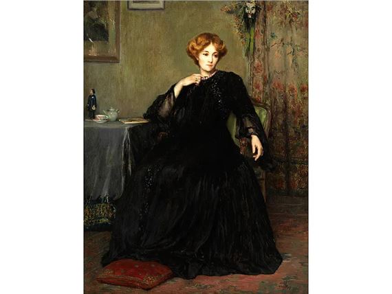 PORTRAIT EINER DAME IN SCHWARZEM KLEID IN EINEM INTERIEUR by Dolf van Roy