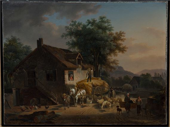 Figures unloading a Hay Cart on a Country Road by Jean Francois Demay, dated 1833