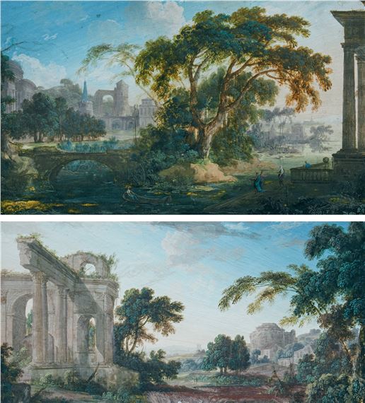Landscapes with classical ruins, a pair by Pierre Antoine Patel, 1693