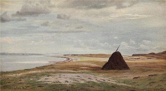 A view of a coast with a pile of seaweed by Harald Frederik Foss, 1868
