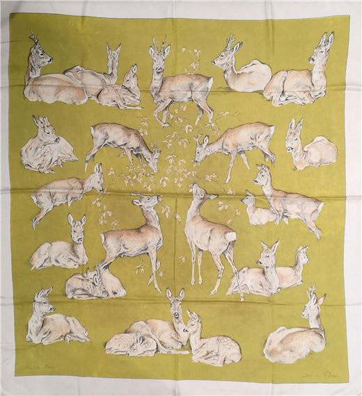 Foulard Hermès 'Les Biches' De X. De Poret - 100% Soie, Vintage 1957, Fond Ivoire Et Rouge - Occasion Très Bon état