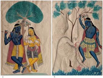 A) Untitled (Radha and Krishna), b) Untitled (Krishna defeating the Stork Demon) - Kalighat Pat