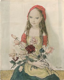 Leonard Tsuguharu Foujita | Jeune fille aux roses (1957) | MutualArt