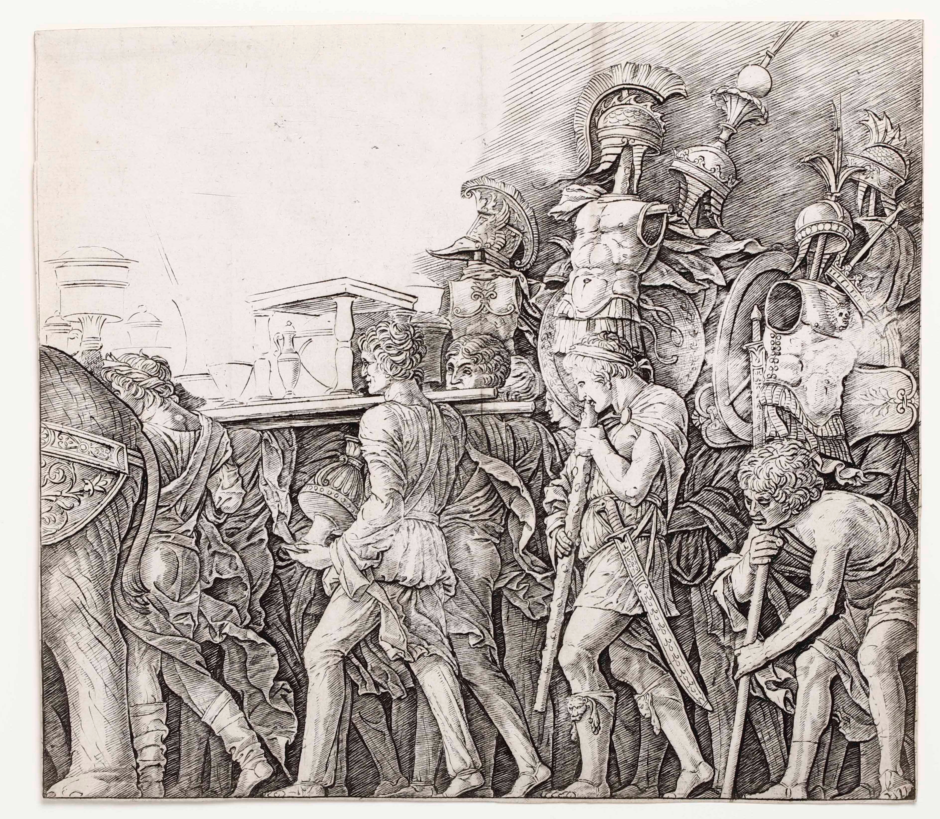 Artwork by Andrea Mantegna, I portatori di corsaletti. (Soldati romani con trofei), Made of Burin