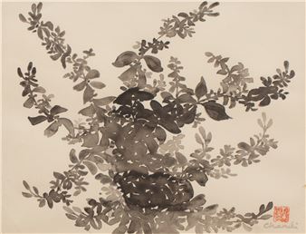 A monochromatic ink painting of a leafy plant with a red seal in the corner.