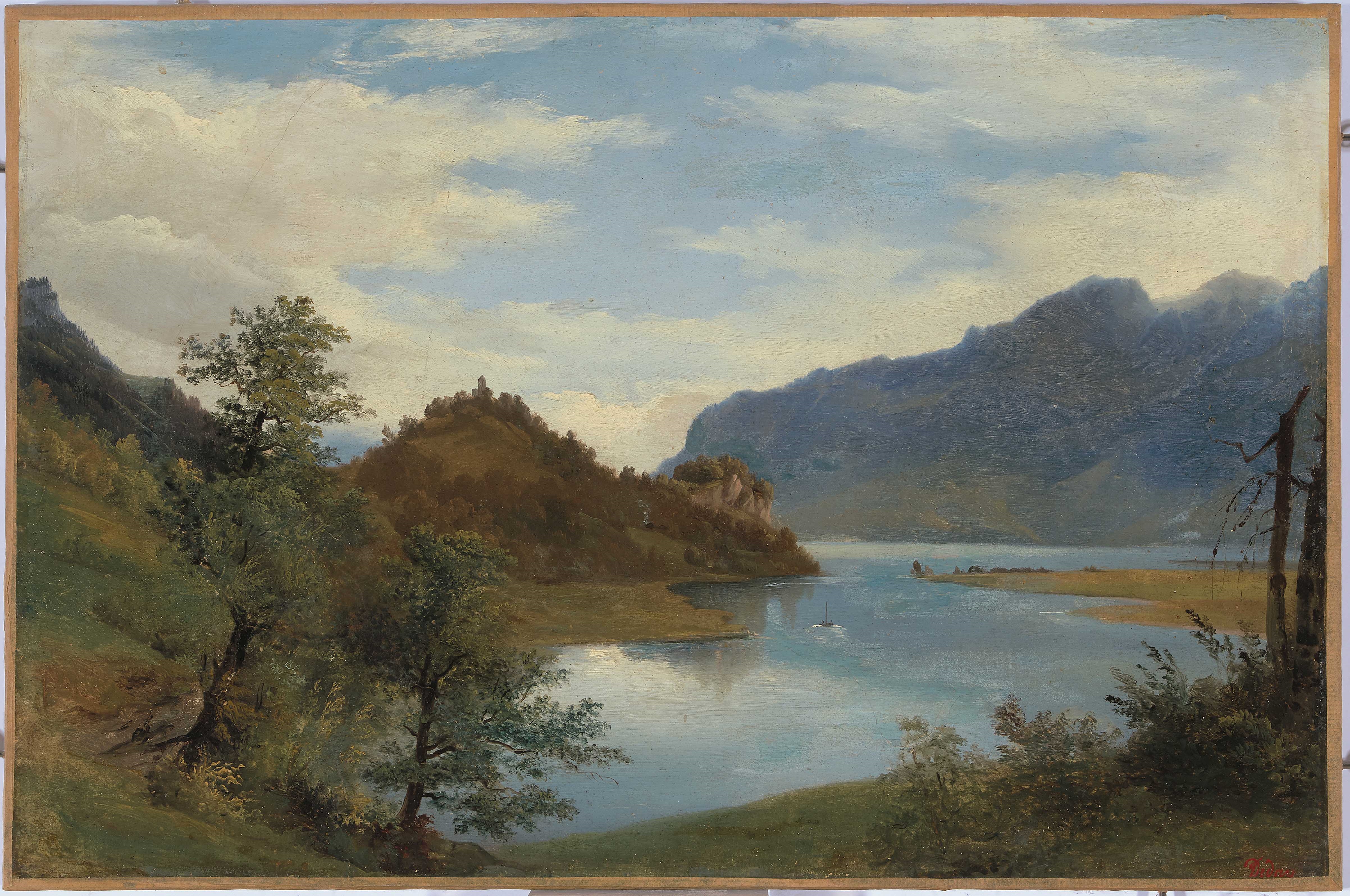 François Diday | Blick von einer Anhöhe gegen die Kirchenruine Goldswil ...