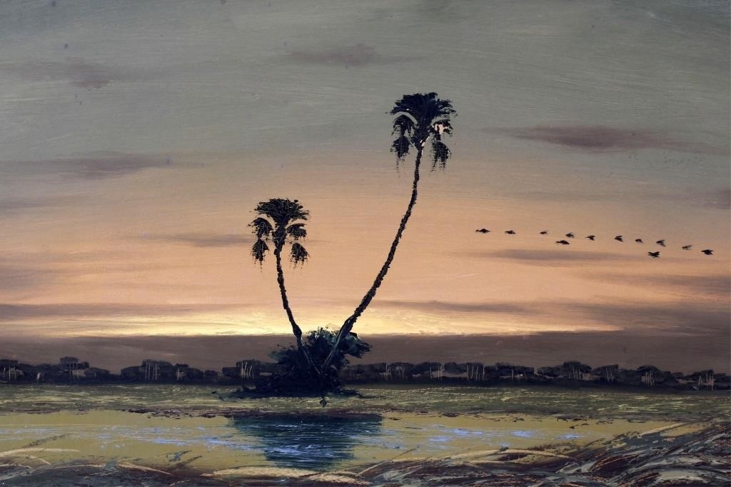 Artwork by Alfred Hair, FLORIDA HIGHWAYMEN SUNSET, Made of Oil on upson board