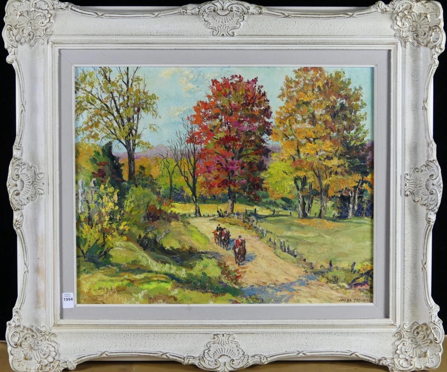 Artwork by Hazel Fogarty, Untitled: Landscape in Autumn with Three Horses and Riders, Made of oil on board