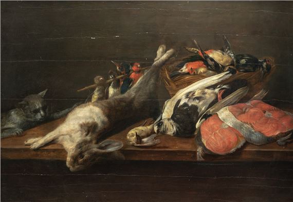 Till llife with game, fish and a cat. by Pieter van Overschee