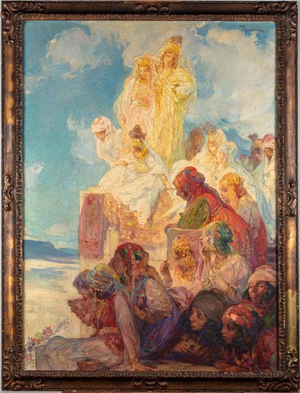 Femmes du Maghreb regardant un convoi du haut d'un rempart by Jules-Pierre van Biesbroeck