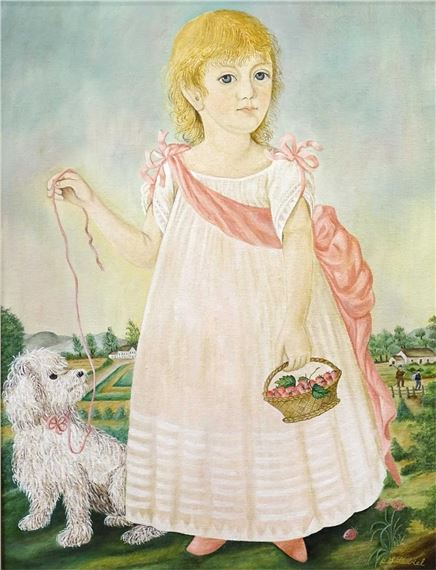 Portrait of a girl in dress with dog by Evelyn S. Dubiel