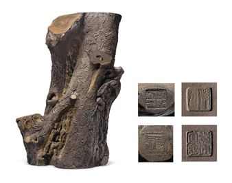 A VERY RARE SIGNED LARGE YIXING TREE TRUNK-FORM SCROLL POT - Xie Guchu