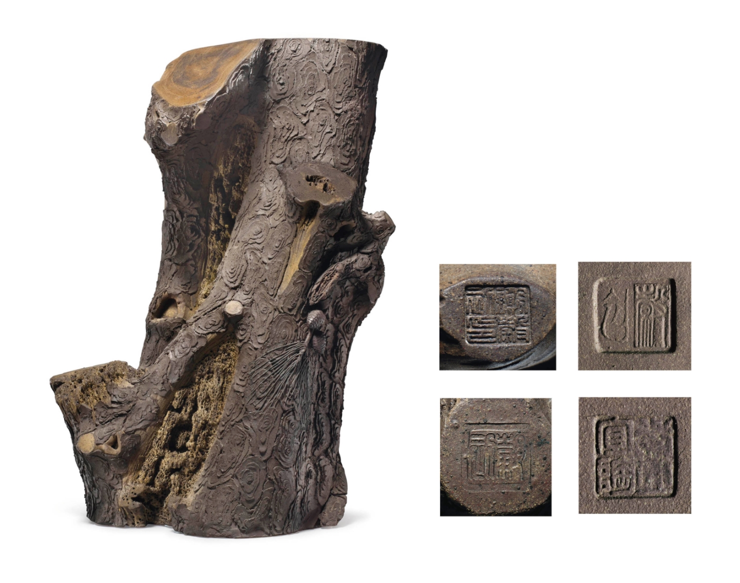 Artwork by Xie Guchu, A VERY RARE SIGNED LARGE YIXING TREE TRUNK-FORM SCROLL POT, Made of pine tree with scaly bark and two branches bearing clusters of needles and pine cones, all in dark brown and beige clay