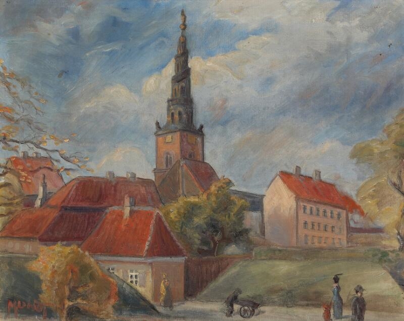 Artwork by Einar Mundt, Street scenery from Vor Frelsers Kirke, Made of Oil on canvas