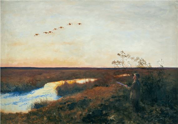 Skymning över landskap med sträckande änder och jägare by Bruno Liljefors, 1927