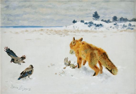 Räv med byte och kråkor i vinterlandskap