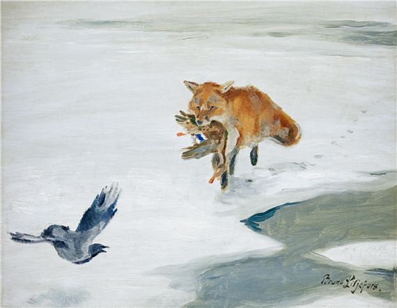 Räv med gräsand och kråka på isen