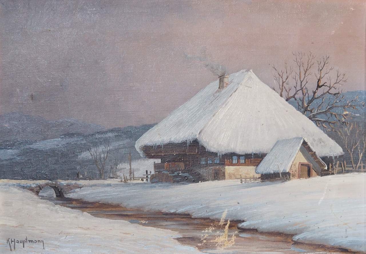 Artwork by Karl Hauptmann, Schwarzwälder Bauerngehöft in verschneiter Schwarzwaldlandschaft in der Abendsonne, Made of Oil on canvas