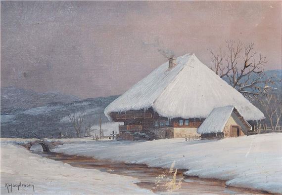 Schwarzwälder Bauerngehöft in verschneiter Schwarzwaldlandschaft in der Abendsonne by Karl Hauptmann