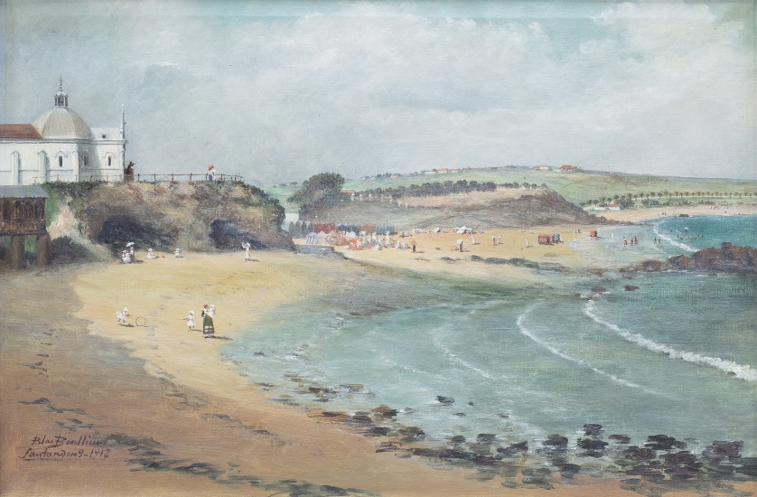 Artwork by Blas Benlliure Gil, Pareja de vistas de Santander La playa del Sardinero, Piquio y la playa de la Concha separando las dos playas; La playa del Camello con el palacio de la Magdalena, la isla de Mouro, la playa de Somo y el Arenal del Puntal al fondo, Made of Oil on canvas