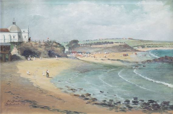 Pareja de vistas de Santander La playa del Sardinero, Piquio y la playa de la Concha separando las dos playas; La playa del Camello con el palacio de la Magdalena, la isla de Mouro, la playa de Somo y el Arenal del Puntal al fondo by Blas Benlliure Gil, 1909-1912; 1910-1912