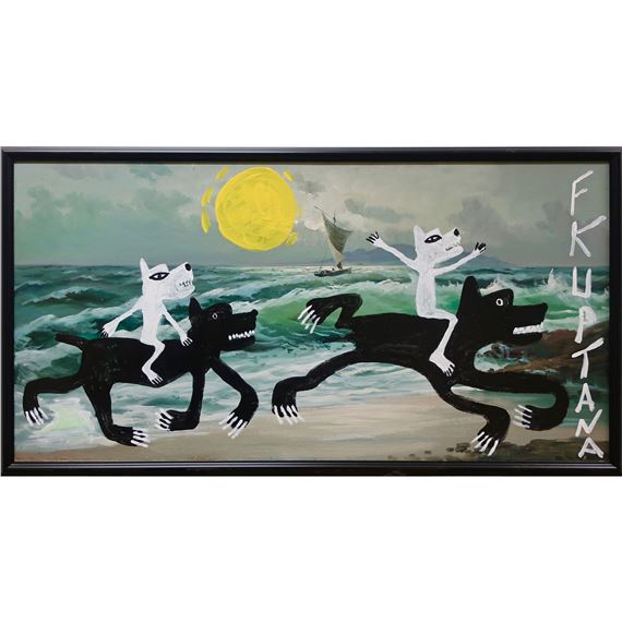 A whimsical painting of two white figures riding black dogs across a beach under a large yellow sun.