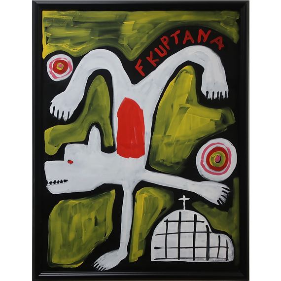 A vibrant, abstract painting featuring a white stylized figure against a black background with bold green and red accents.