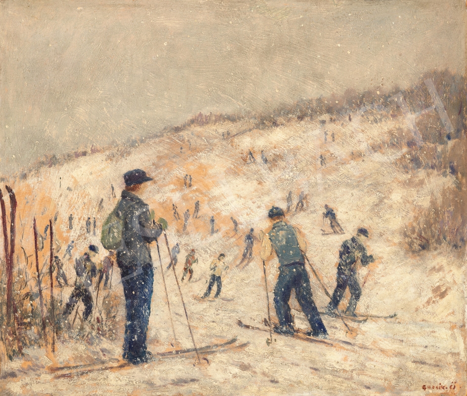 Artwork by Ödön Guzsik, Skiers in the Buda Hills, Made of Oil on cardboard