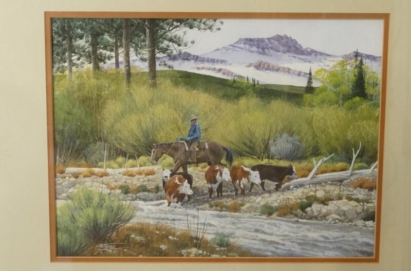 Artwork by N. Watters, Cowboy, Cattle crossing a stream, Made of watercolor