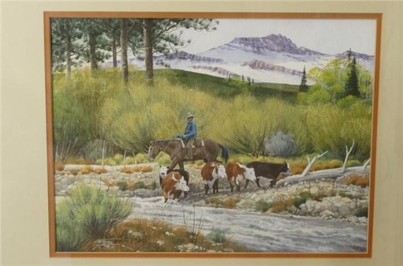 Cowboy, Cattle crossing a stream by N. Watters, 1984