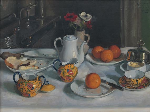 Breakfast still life with bread and oranges by Karel van Veen, 23