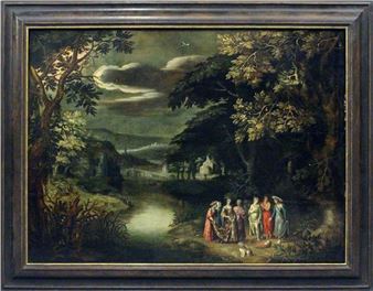 Auffindung des Moses, im Hintergrund weite Flusslandschaft mit einem Dorf in der Dämmerung - Johannes Urselincx