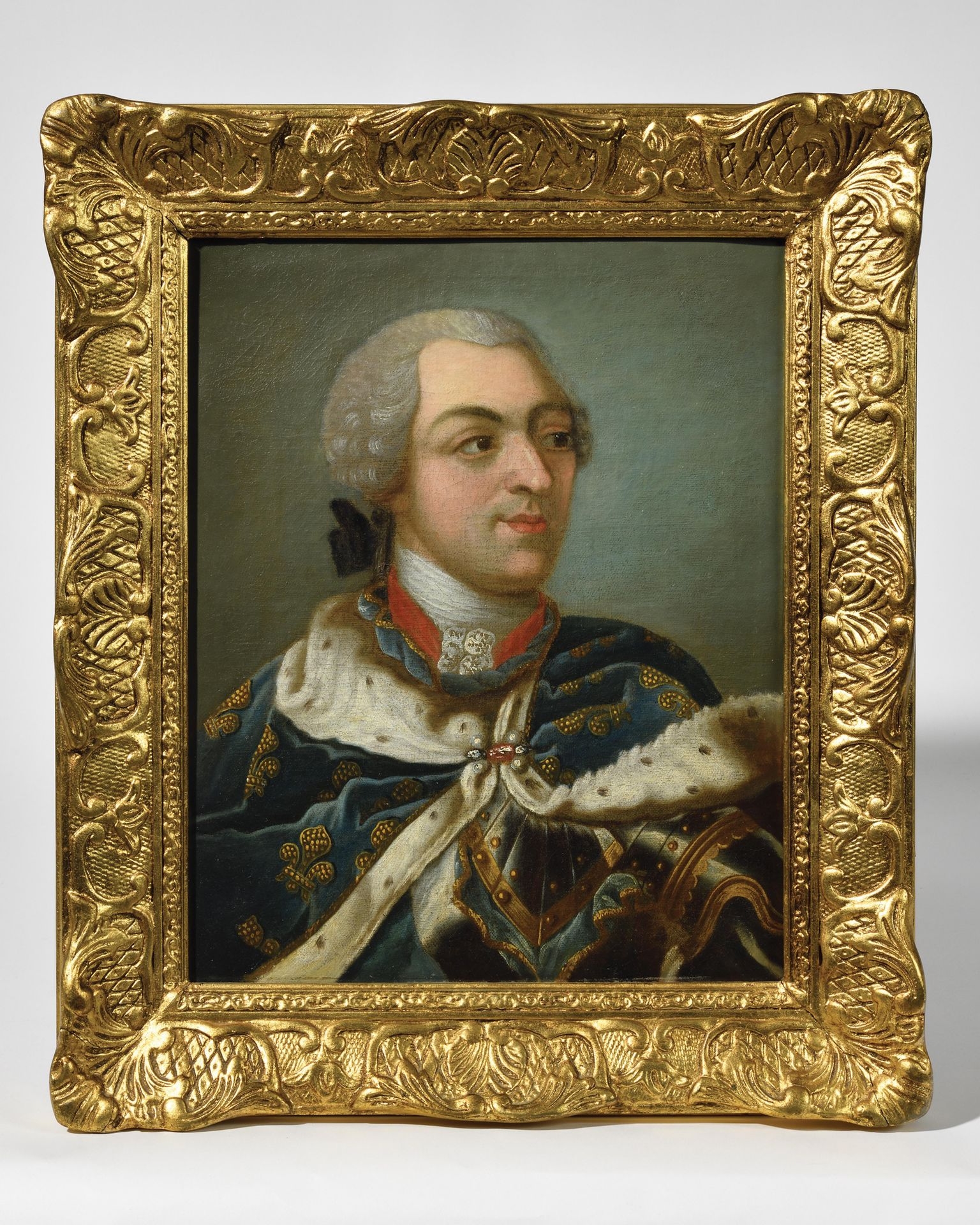 French School, 19th Century King Louis XV in armor and royal coat