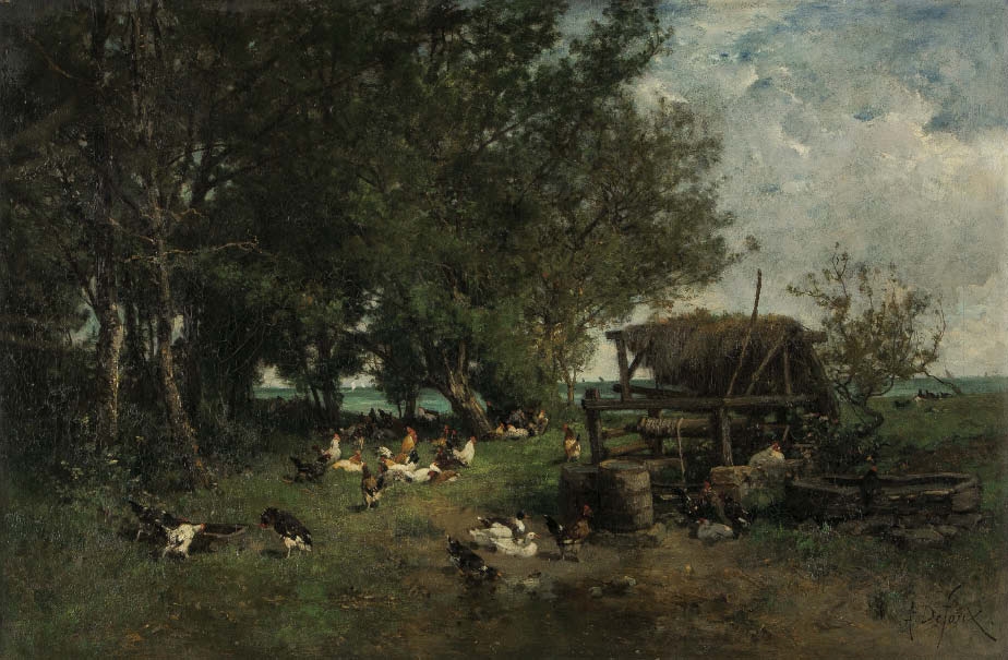 Artwork by Alexandre Defaux, Paysage avec des poules, Made of oil on canvas
