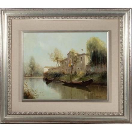 Untitled (River landscape with houses, rowboats, willow tree) by Umberto Levi