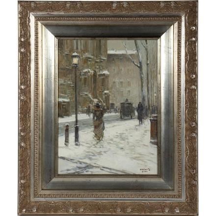 Untitled (Snowy street scene with figures and carriages) by Umberto Levi