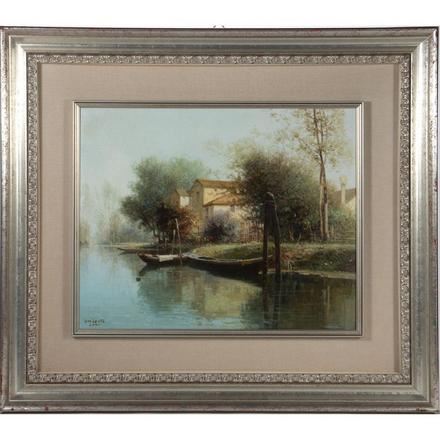 Untitled (River landscape with houses and rowboats) by Umberto Levi