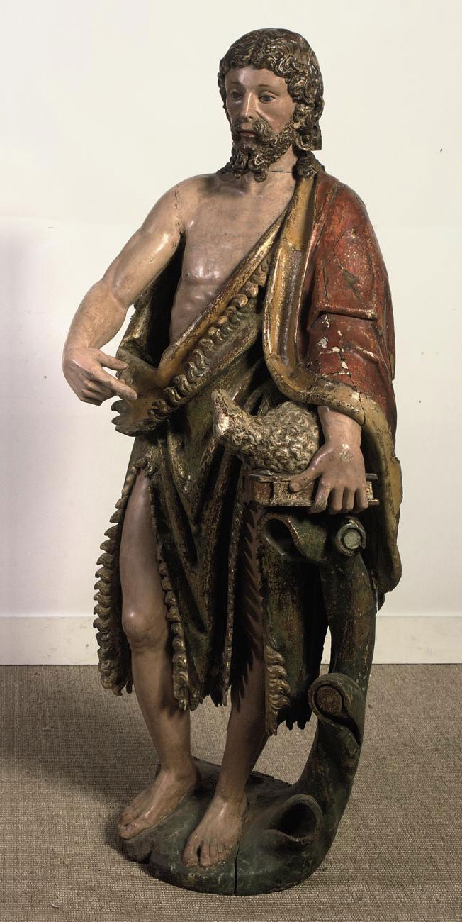 A PARCEL-GILT POLYCHROME CARVED WOOD FIGURE OF ST JOHN THE BAPTIST by Spanish School, 16th Century, LATE 16TH, EARLY 17TH CENTURY