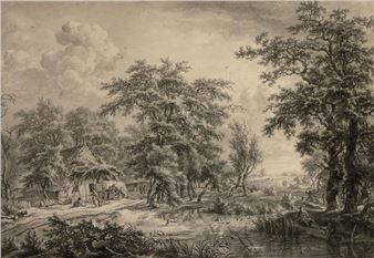 A wooded landscape with figures in a village - Egbert van Drielst