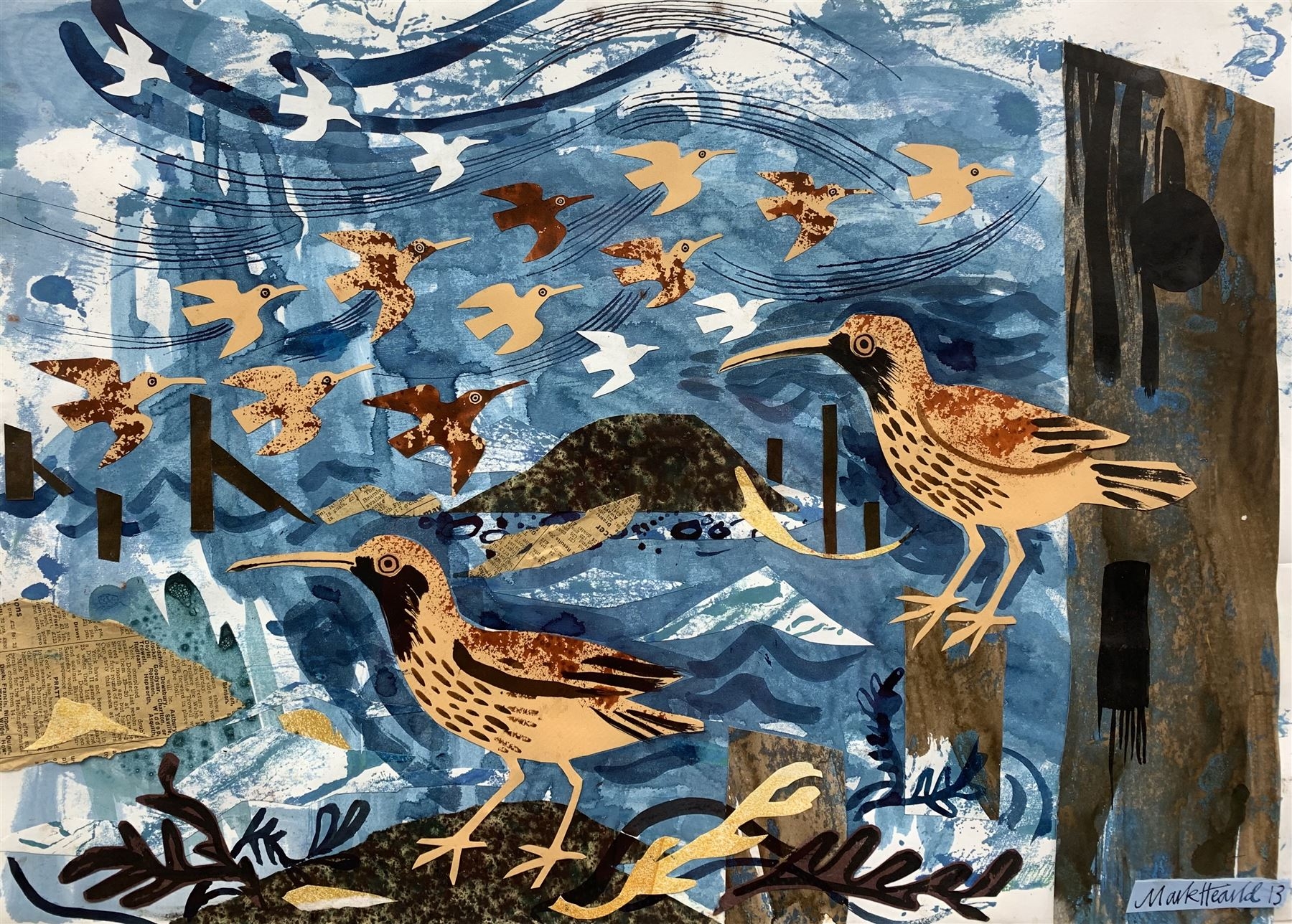 Artwork by Mark Hearld, Seabirds, Made of mixed media collage on paper