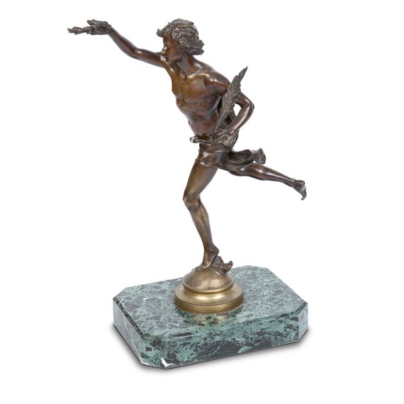 A patinated bronze figure of Vainqueur, the domed socle by Jean-Baptiste Germain, 1900