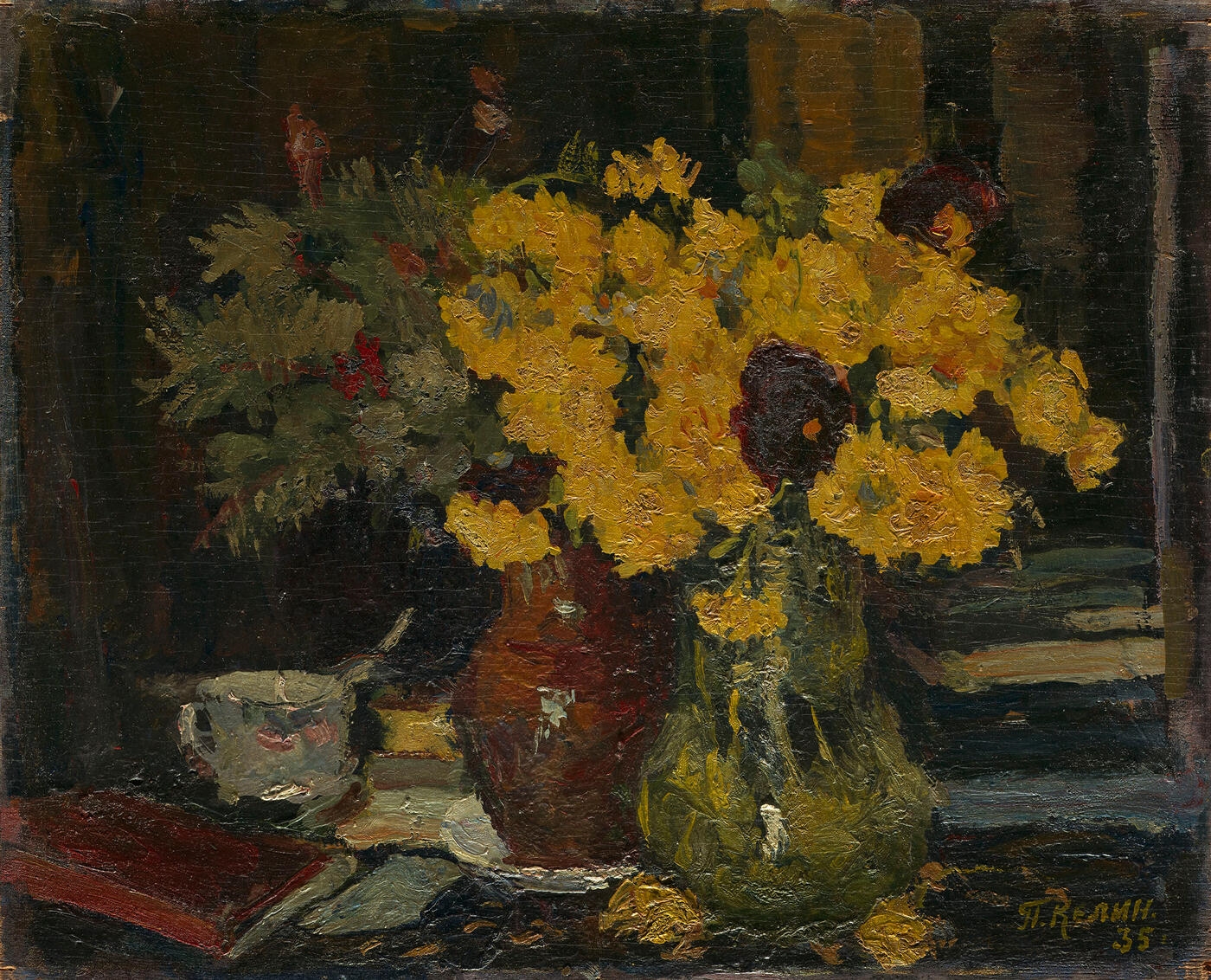 Artwork by Petr Ivanovich Kelin, Still Life with Flowers and Books, Made of Oil on board