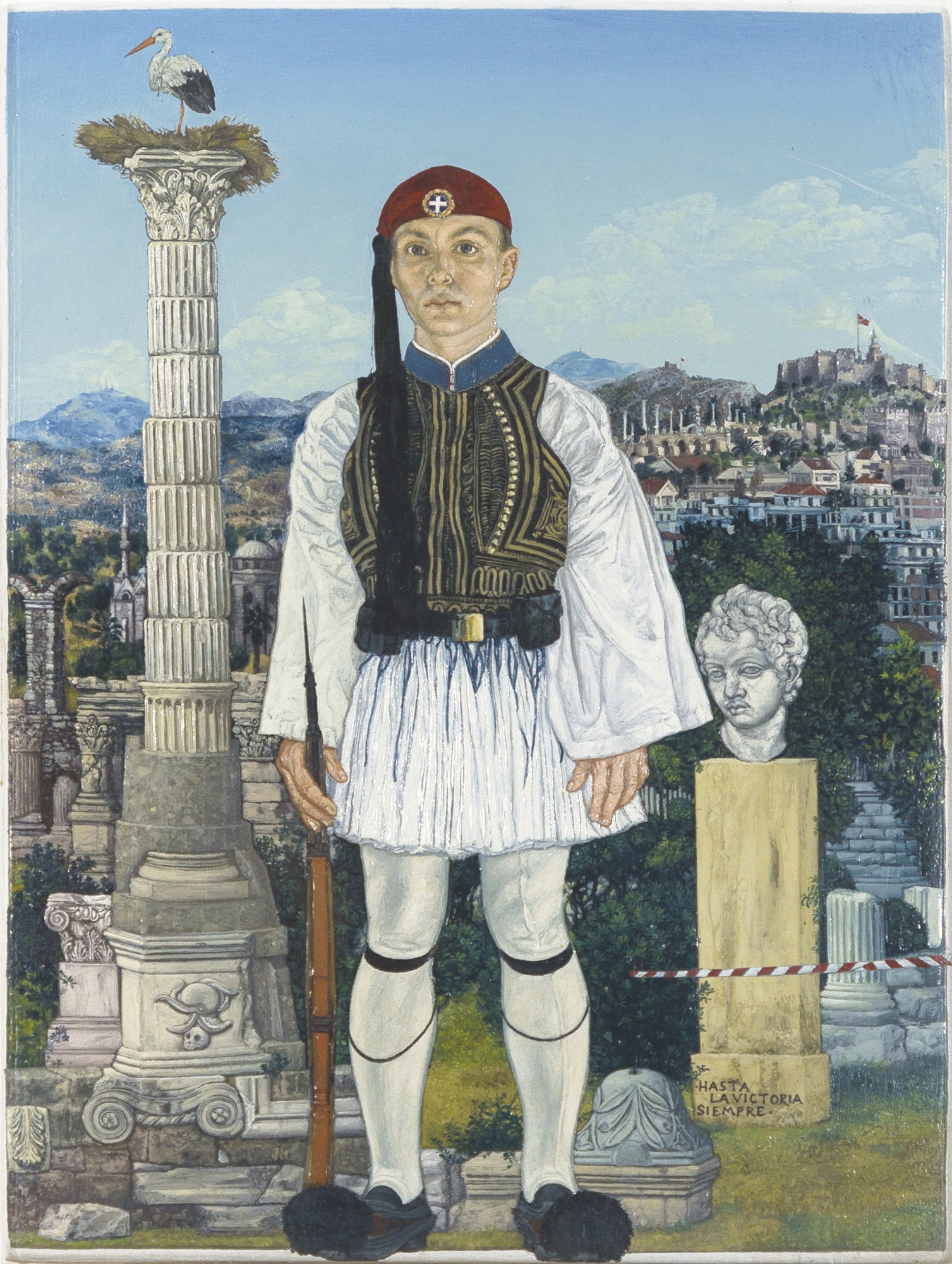 Artwork by Emmanuel Bitsakis, Tsoliás, Made of oil on wood, plexiglass box