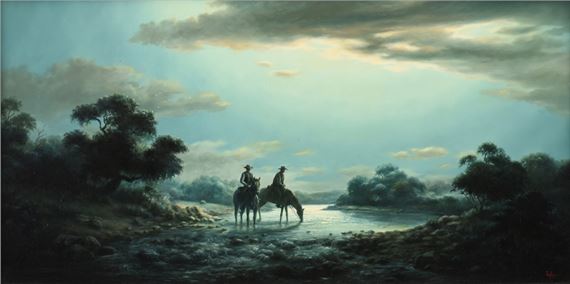 Artwork by Dalhart Windberg, Two Cowboys Watering their Horses Under Clouds, Made of oil on canvas