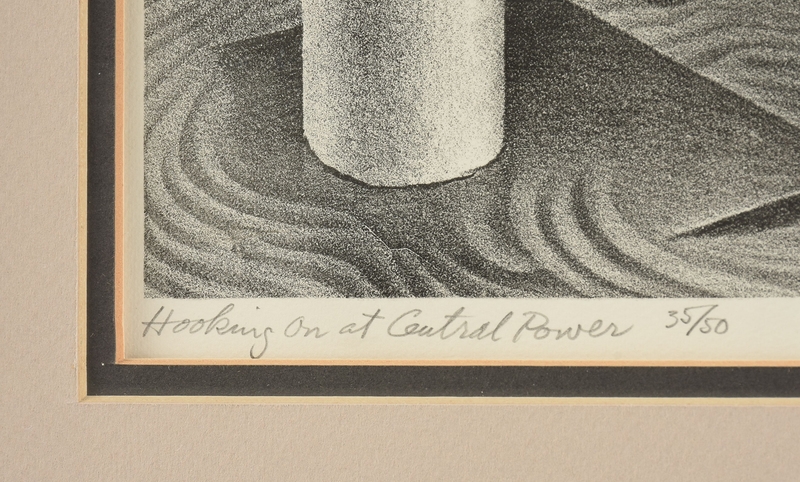 Artwork by Alexandre Hogue, Hooking on at Central Power, Made of aquatint on paper