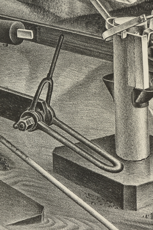 Artwork by Alexandre Hogue, Hooking on at Central Power, Made of aquatint on paper