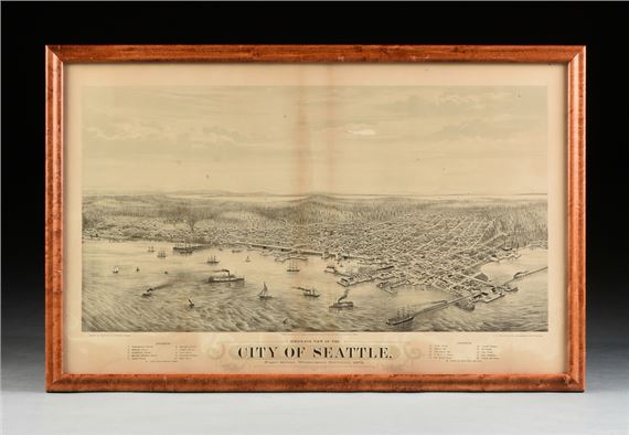 Bird's-eye View of the City of Seattle, Puget Sound, Washington Territory - L. Bancroft